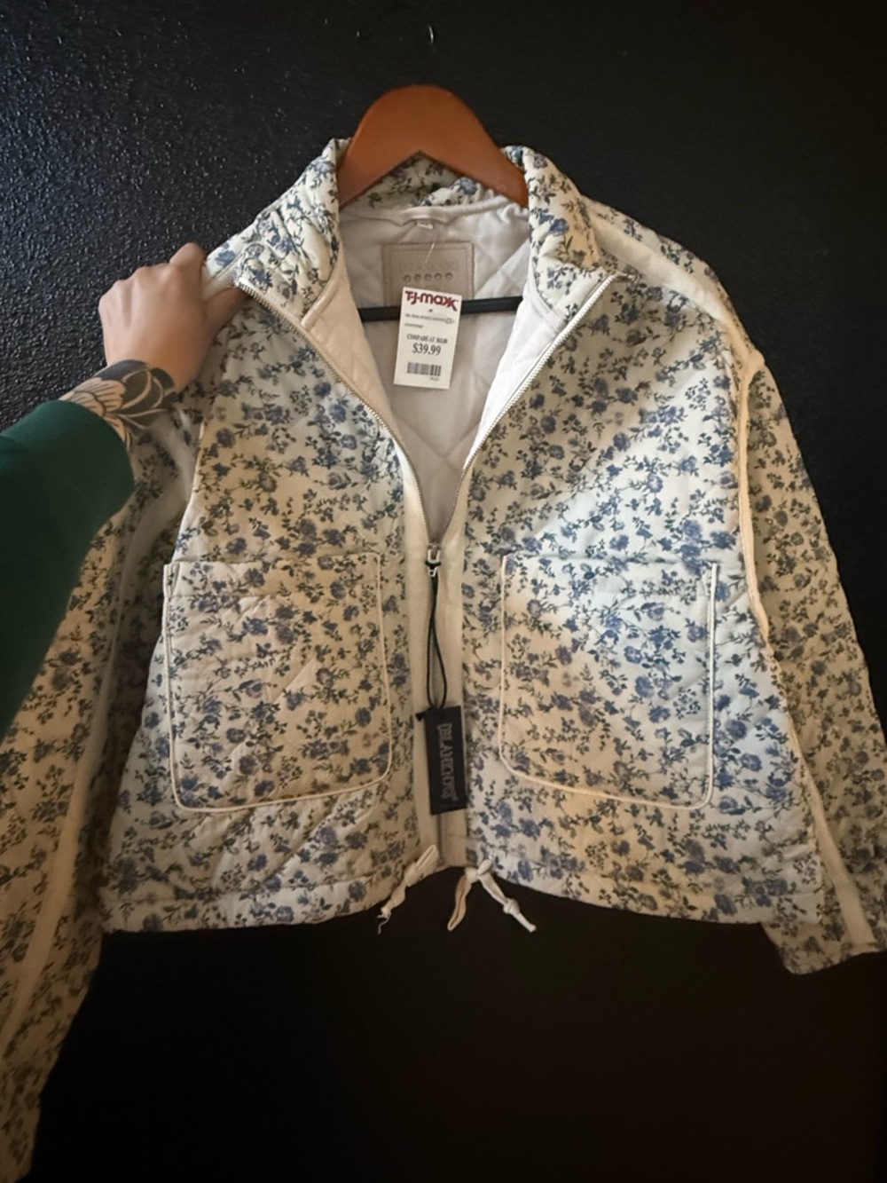 Blank NYC Floral Quilted Zip Jacket - Cream & Blue